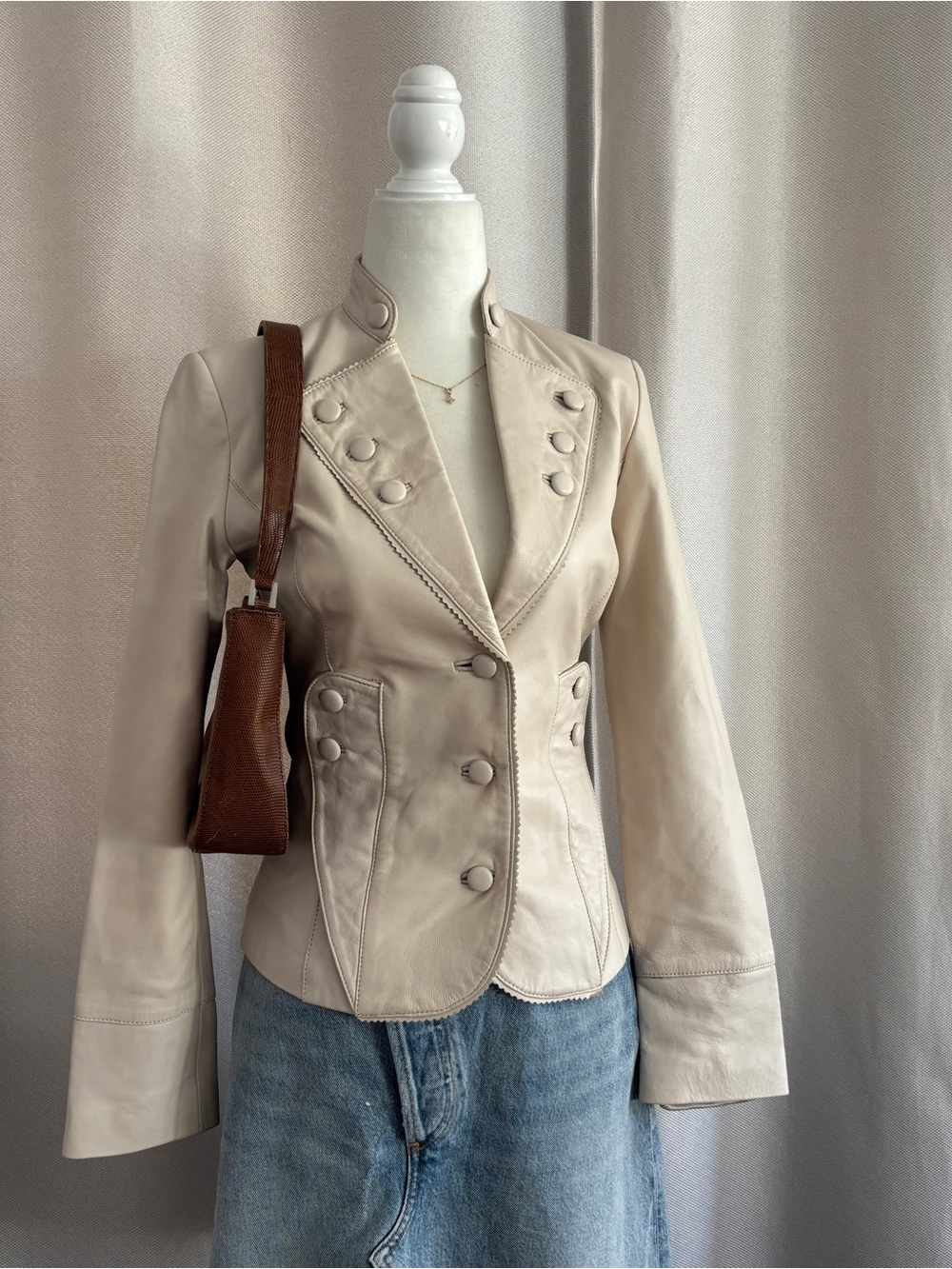 Sheri Bodell Vintage Leatherock Cream Double-Breasted Leather Blazer